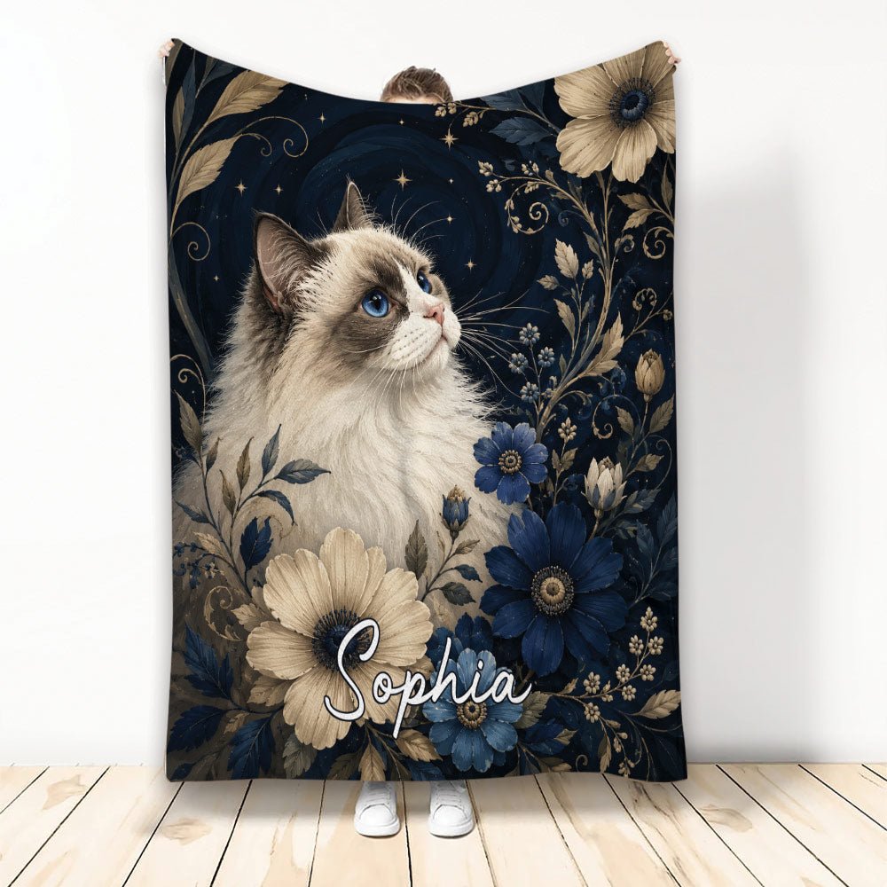 Custom Ragdoll Cat Throw Blanket, Blue Floral Cat Design