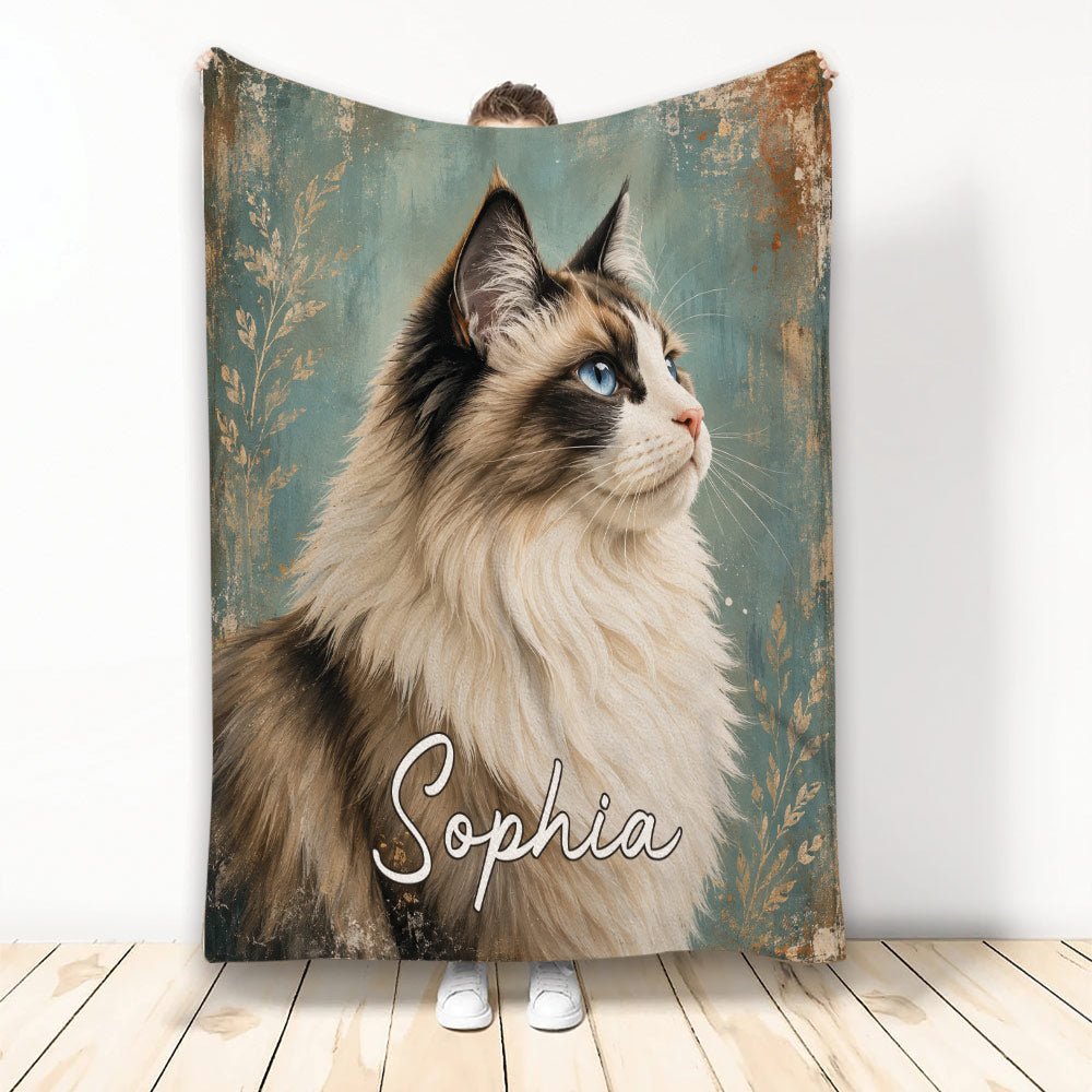 Custom Ragdoll Cat Throw Blanket, Blue-Eyed Cat Design