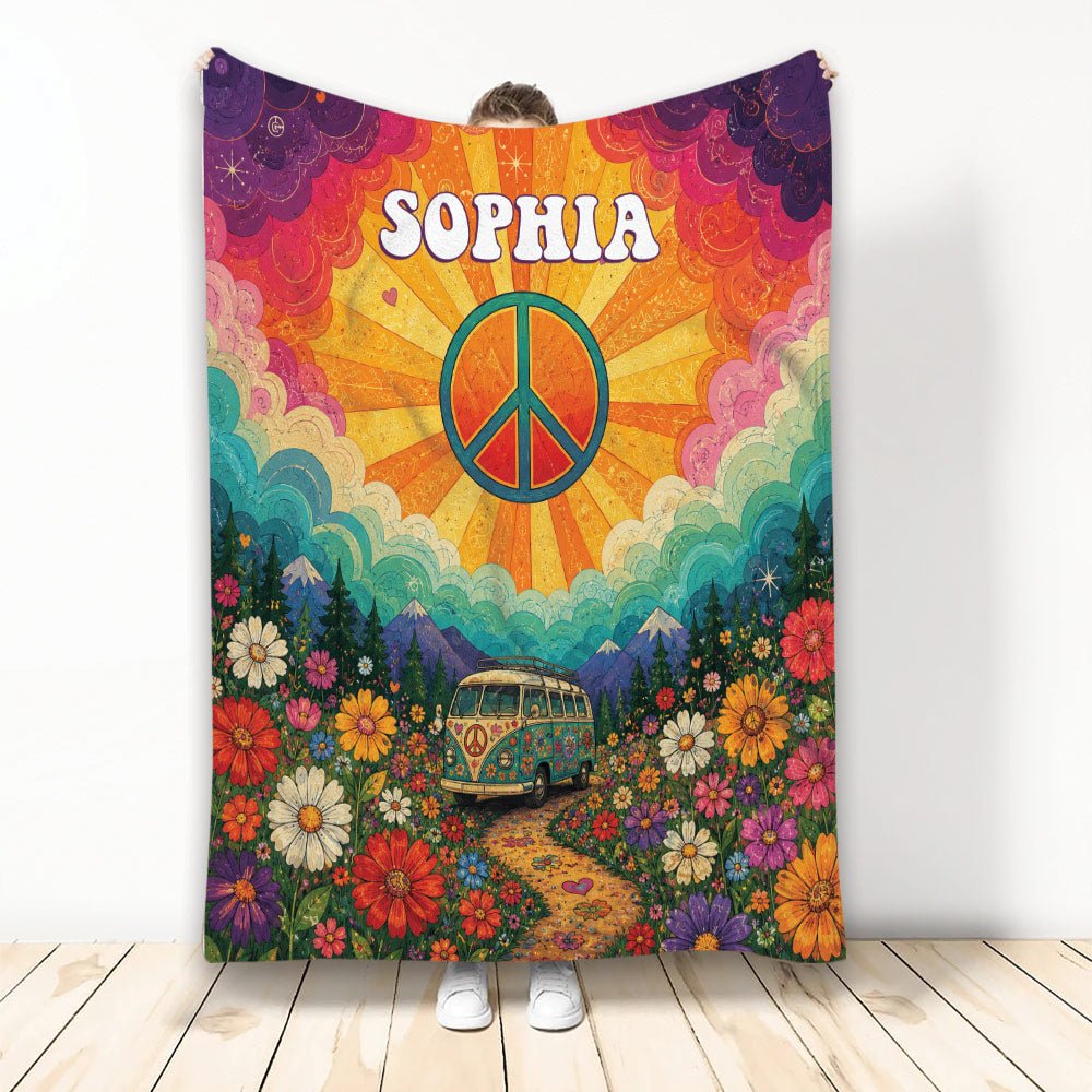 Custom Hippie Throw Blanket, Psychedelic Peace Van Design