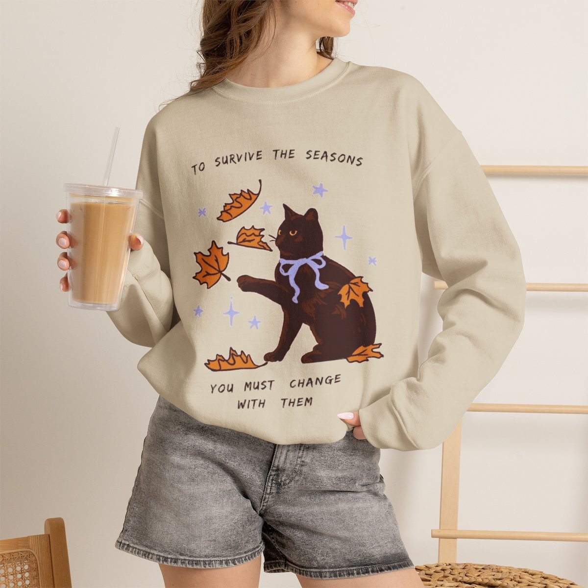 Cozy Black Cat Fall Season Unisex Sweatshirt | Autumn Apparel Gift Sand