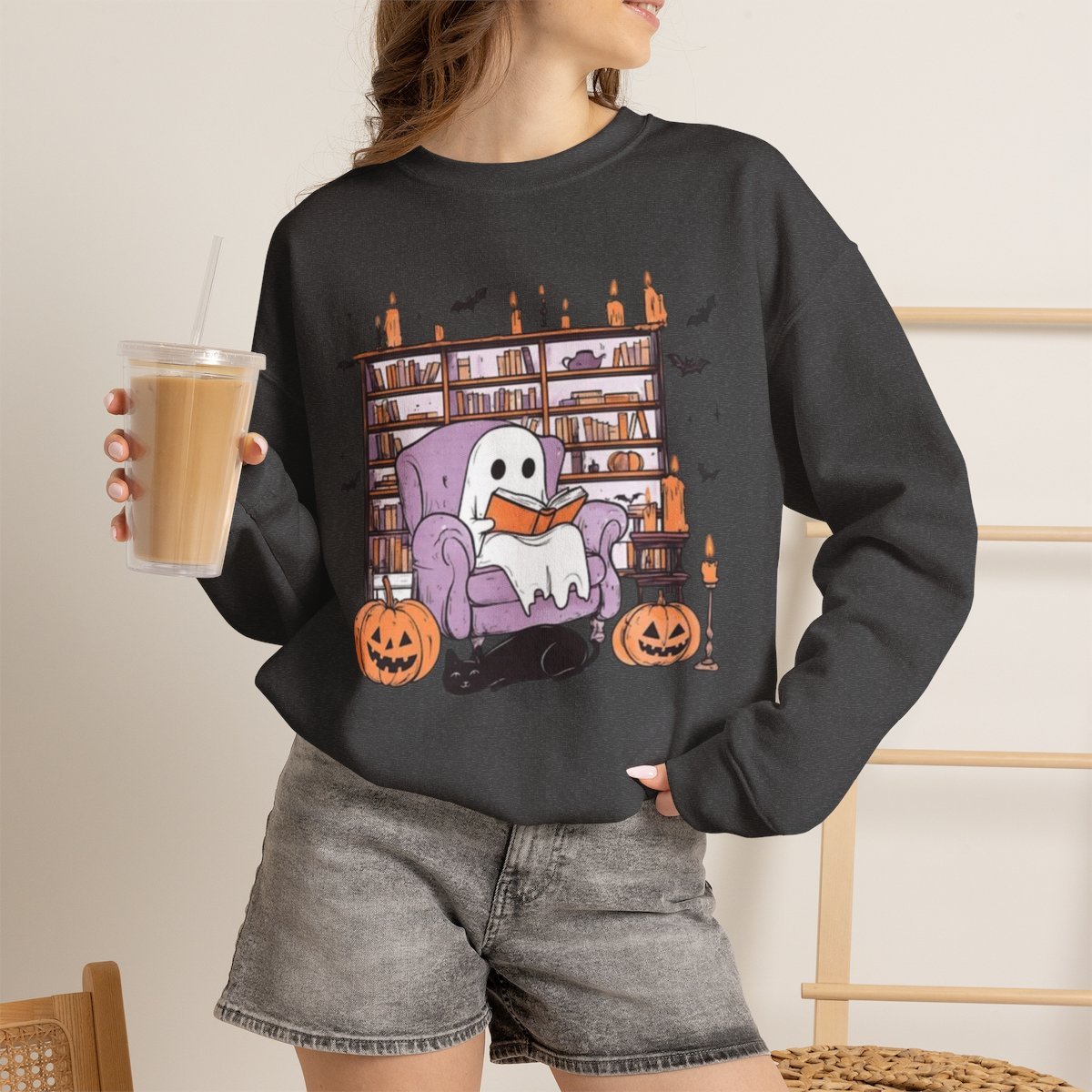 Unisex Cozy Ghost Reading Sweatshirt | Spooky Bookish Halloween Graphic Pullover Dark Heather