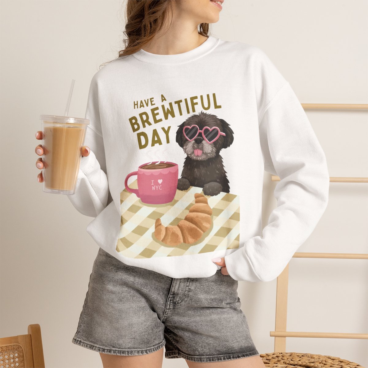 a9mccm.jpg Cute Dog and Coffee Unisex Sweatshirt - Brewtiful Day Crewneck White