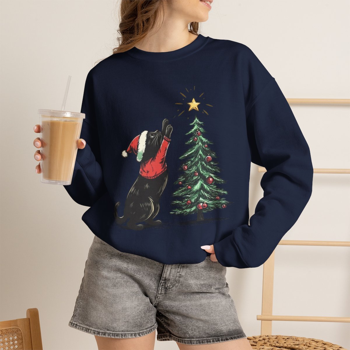 Unisex Cute Black Cat Christmas Sweatshirt | Cozy Holiday Gift for Cat Lovers Navy
