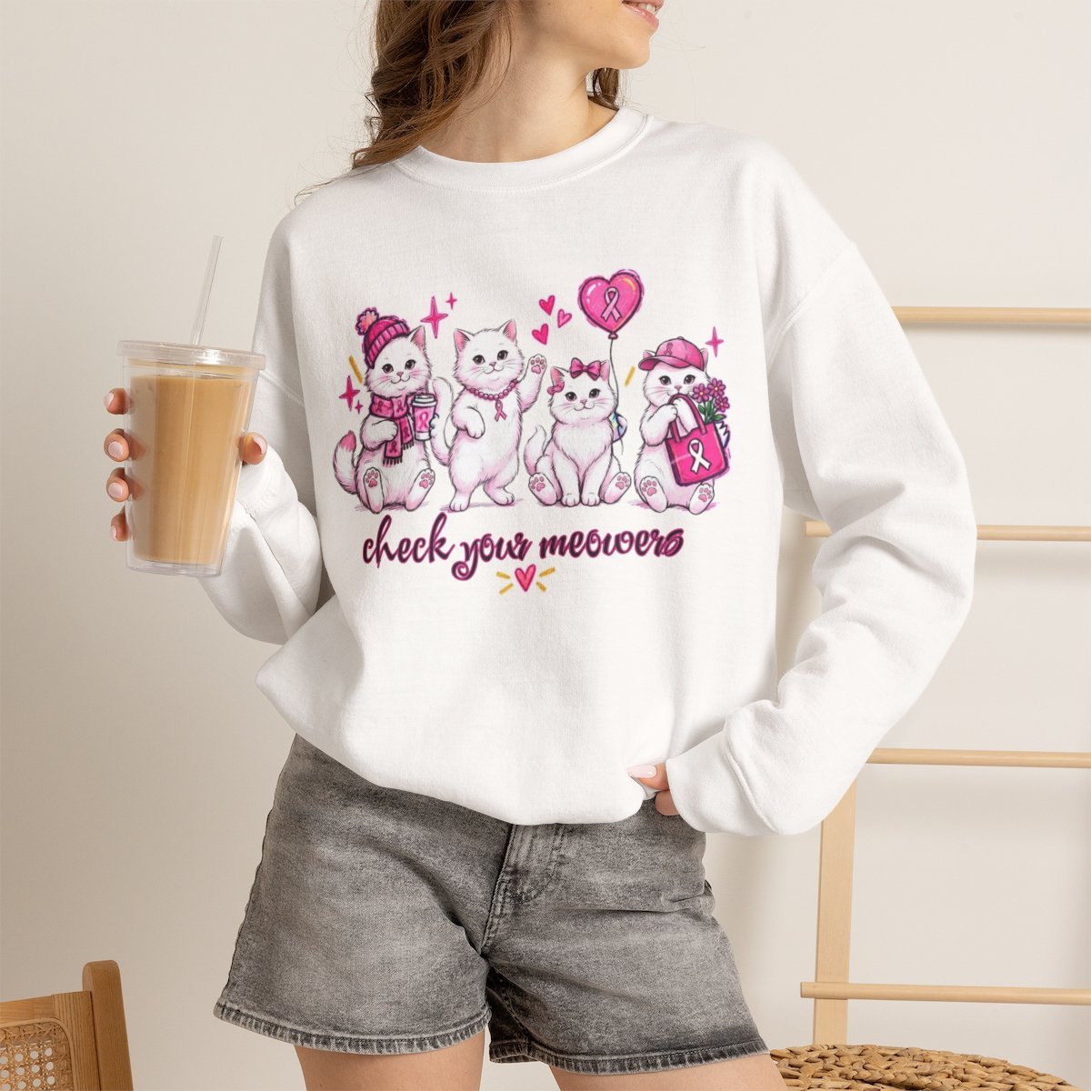 aib7uw.jpg Unisex Check Your Meowers Breast Cancer Awareness Cat Sweatshirt White