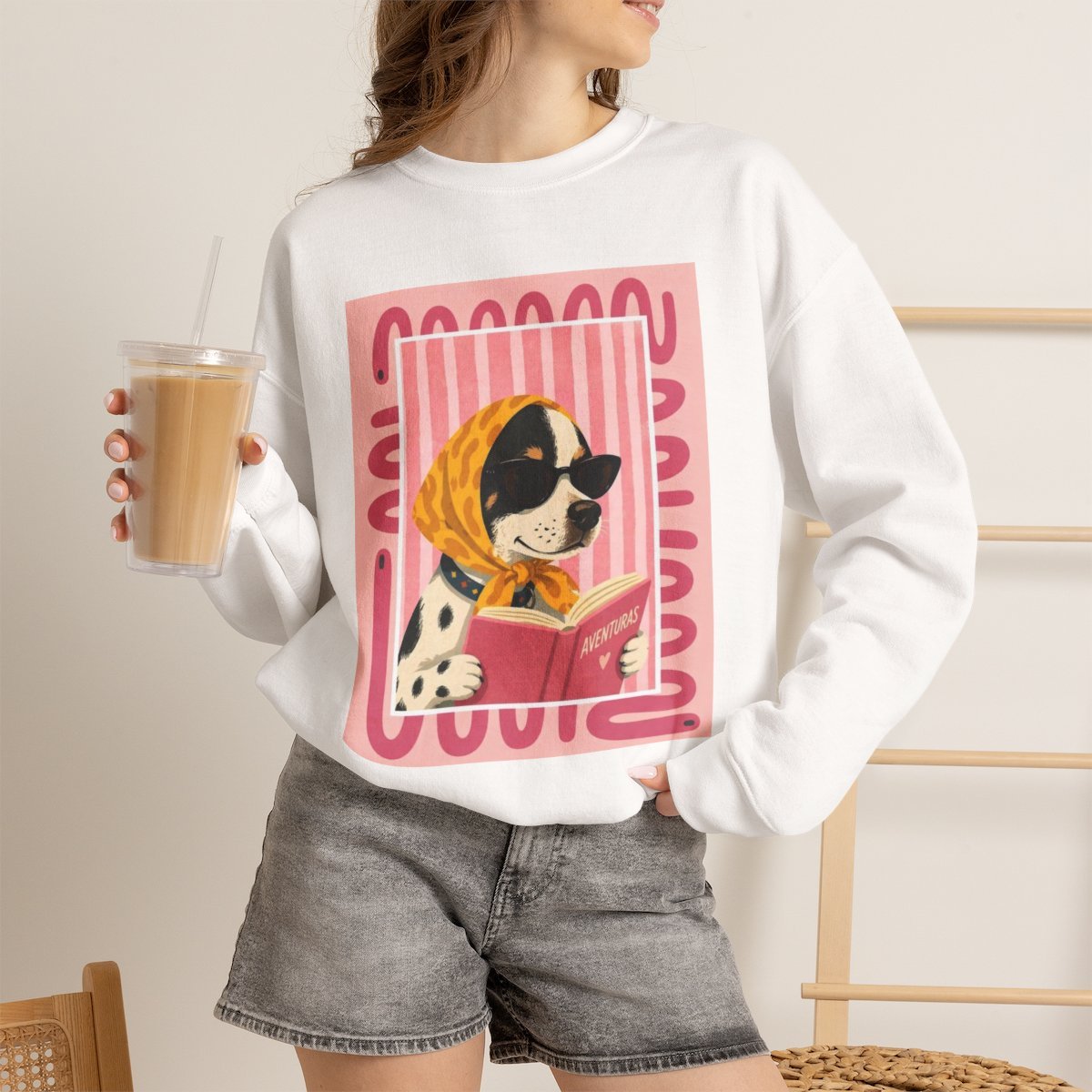 Unisex Chic Vintage Reading Dog Wall Art Print for Book Lovers White