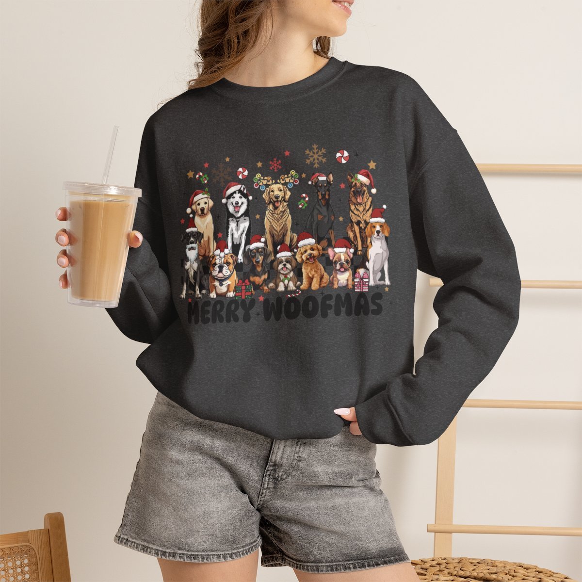 Retro 90s Merry Woofmas Unisex Christmas Sweatshirt for Dog Lovers Dark Heather