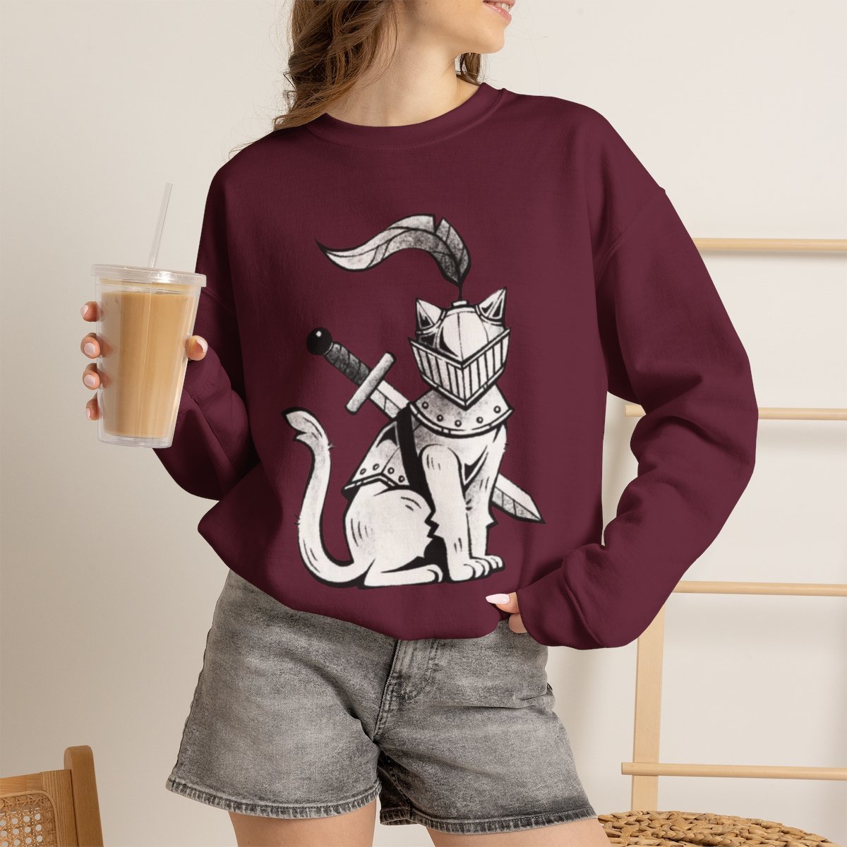 Unisex Medieval Knight Cat Sweatshirt - Cute Pet Lover Gift & Aesthetic Crewneck Maroon