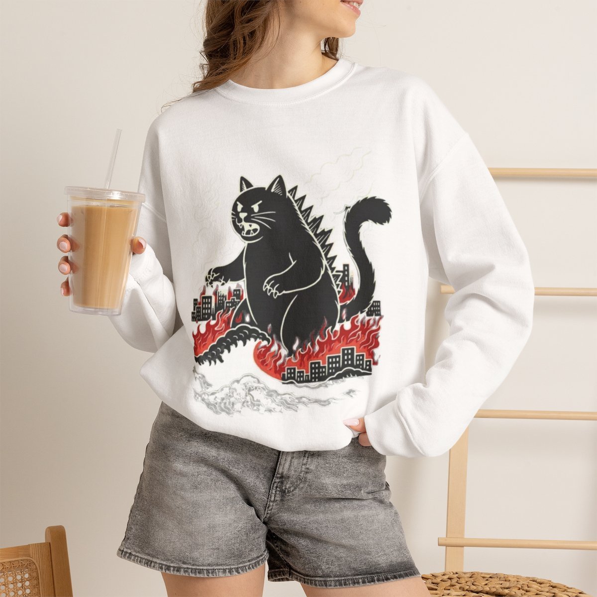 av1wph.jpg Unisex Catzilla Black Cat Graphic Sweatshirt | Cute Monster Cat Lover Gift White