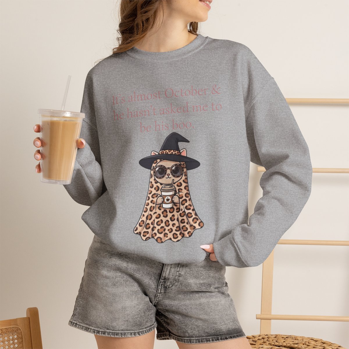 Cute Leopard Ghost Cat Halloween Unisex Sweatshirt | Funny October Fall Crewneck Sport Grey