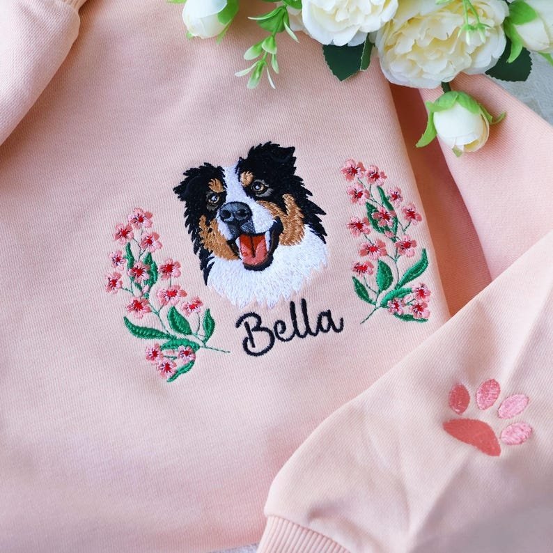 Unisex Pet Christmas Embroidered Sweatshirt Using Photo, Custom Dog Sweater, Embroidered Cat Crewneck gift for Pet Owner, Personal Pet Gifts Sport Grey