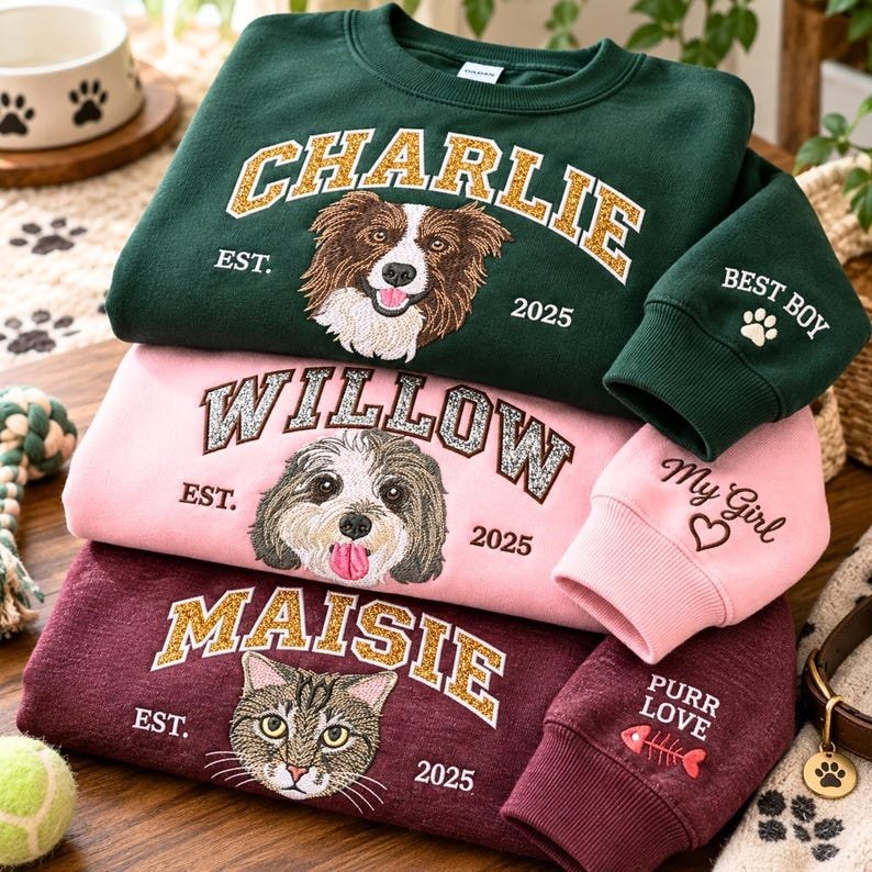 Unisex Custom Pet Portrait Embroidered Sweatshirt - Glitter Varsity Pet Name Crewneck - Dog Lover Crewneck - Applique Apparel, Pet Photo Gifts White