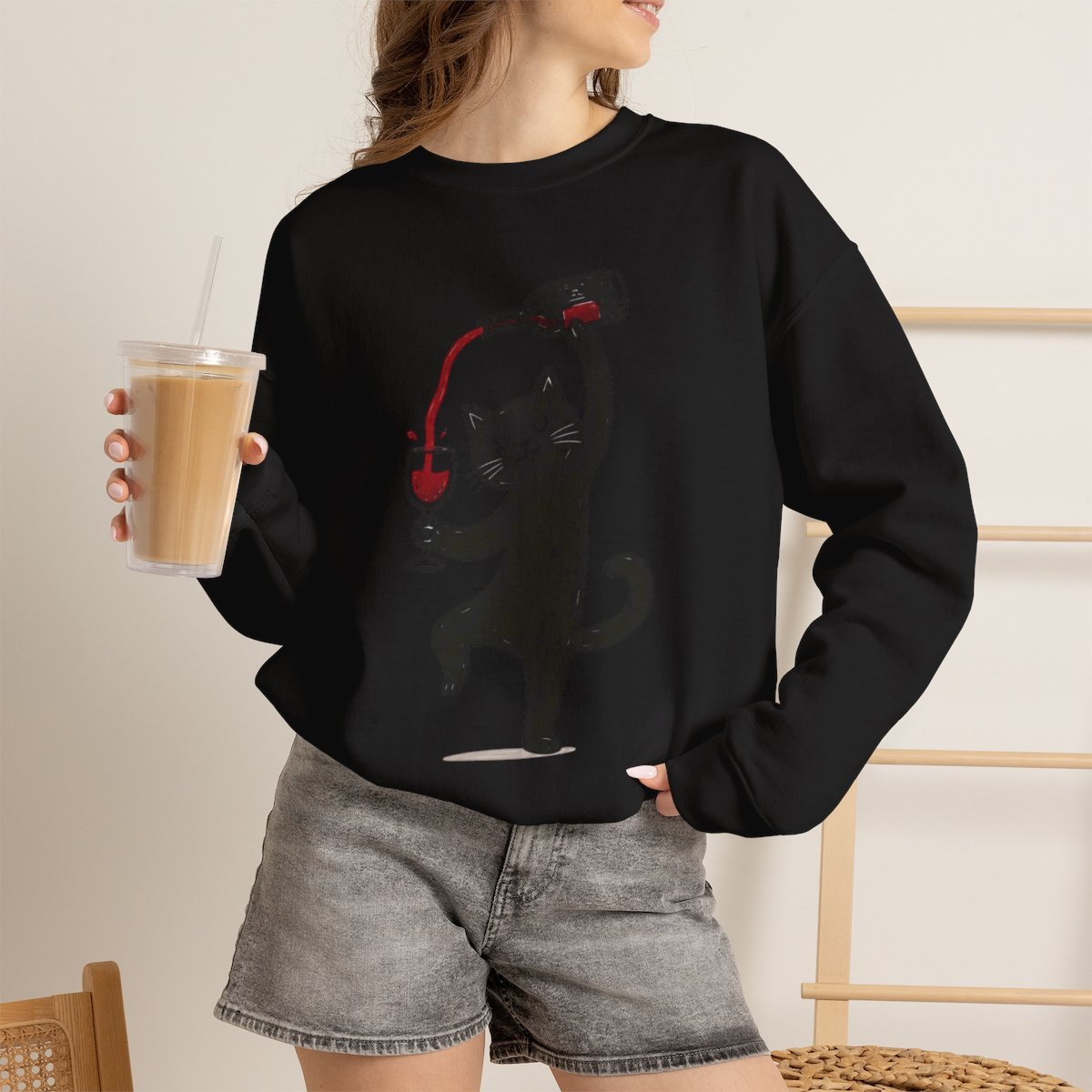 Cute Black Cat Pouring Wine Unisex Sweatshirt - Funny Wine Lover Gift Idea Black