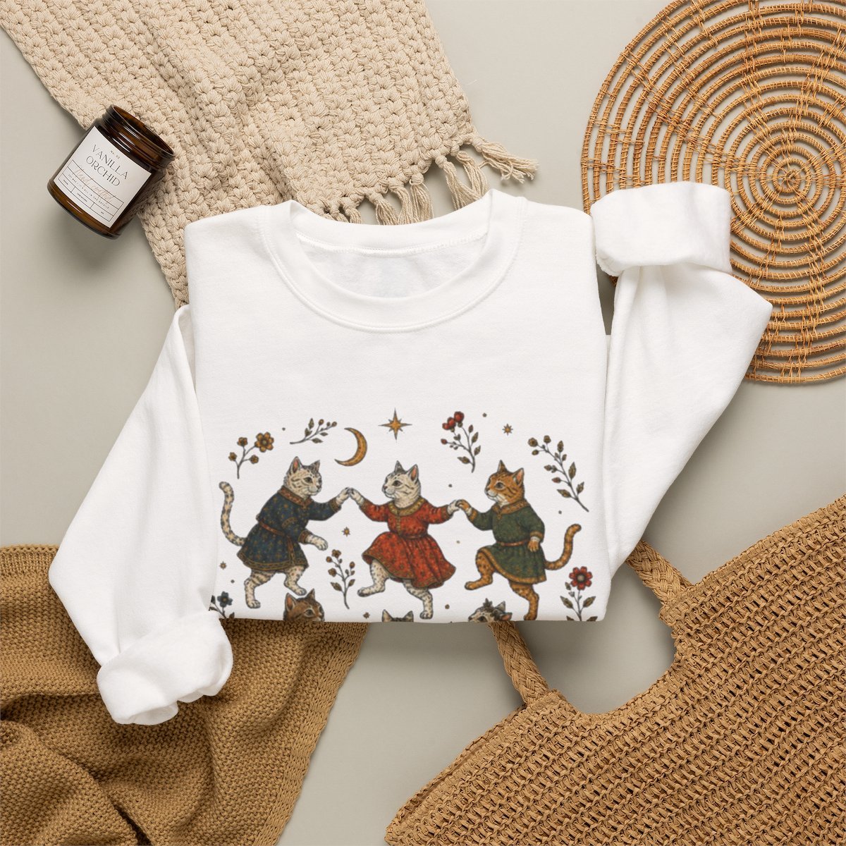Unisex Cozy Dancing Cats Graphic Sweatshirt for Cat Lovers Detail