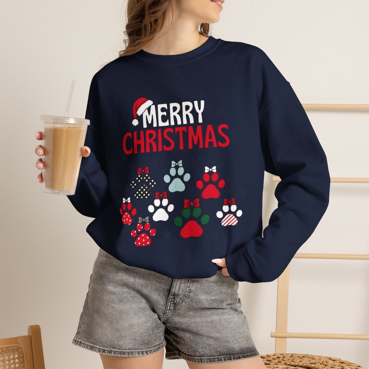 Unisex Cozy Merry Christmas Paw Print Sweatshirt for Dog Lovers Navy