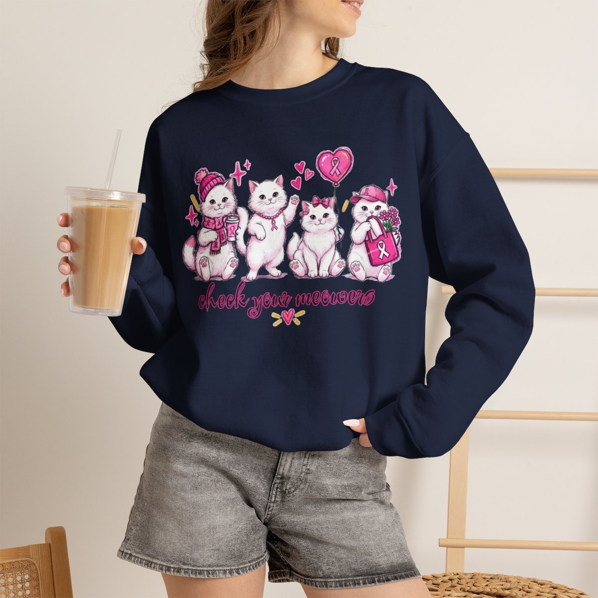 Unisex Check Your Meowers Breast Cancer Awareness Cat Sweatshirt Navy