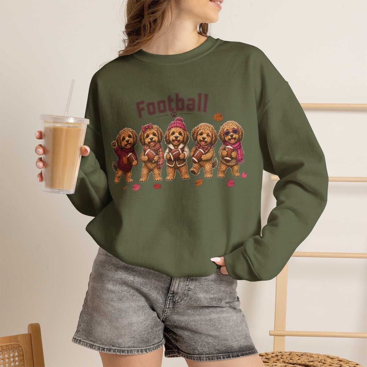 Unisex Cute Dog Football Sweatshirt for Autumn & Fall Pet Lovers Military Green