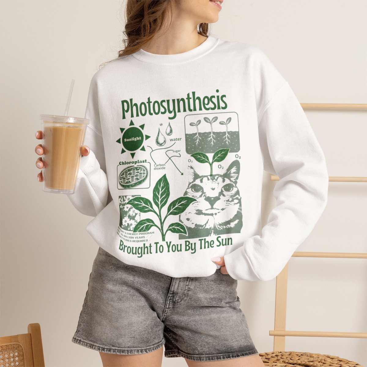 bnibst-1.jpg Unisex Funny Cat Photosynthesis Graphic Sweatshirt for Nature Lovers White