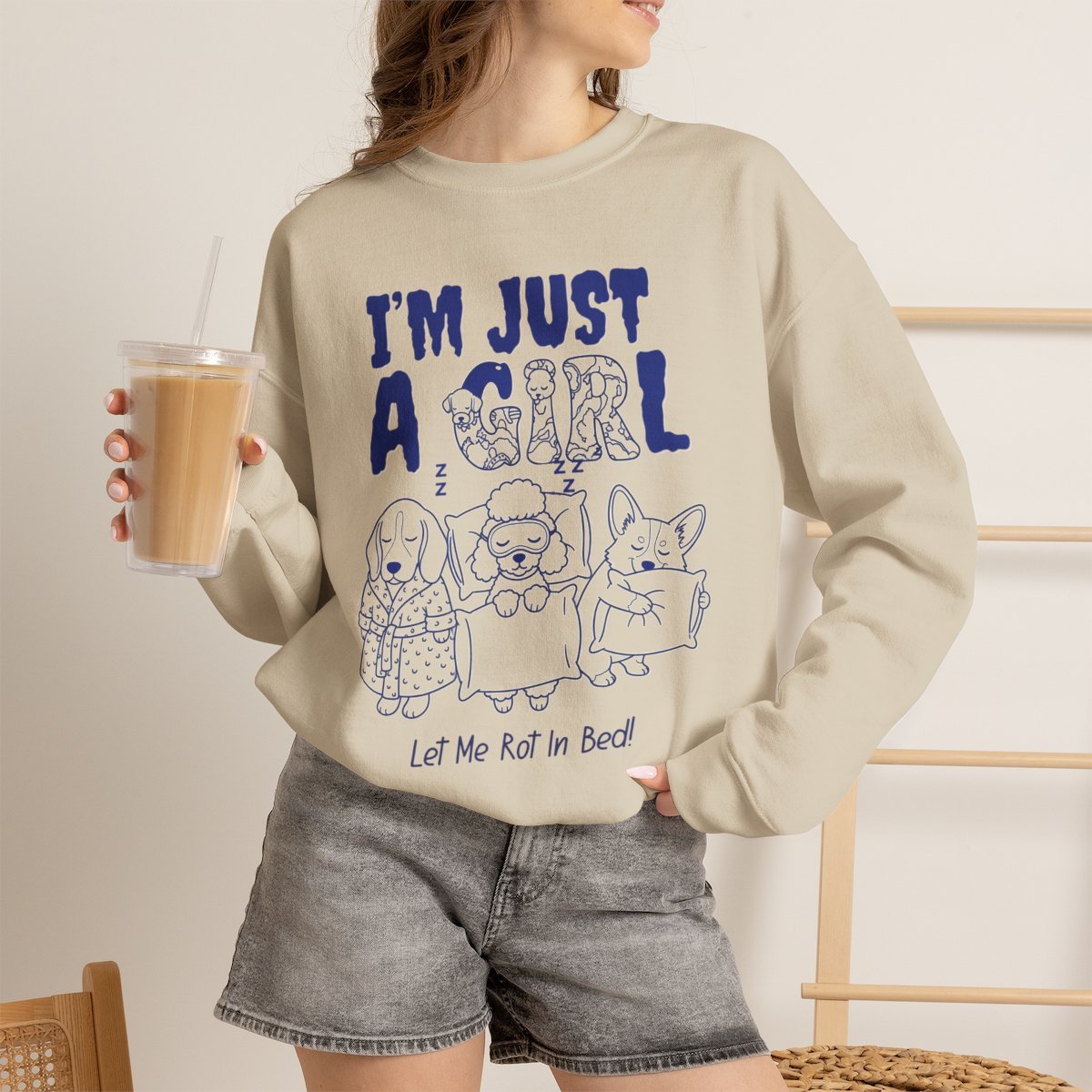 Unisex Funny Dog Lover Sweatshirt - Cute Cozy Sleeping Puppy Lounge Crewneck Sand