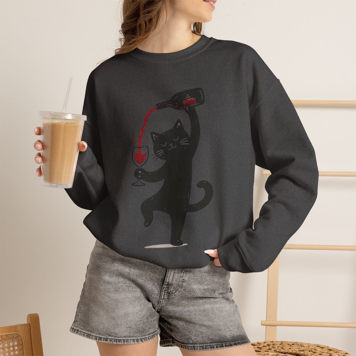Cute Black Cat Pouring Wine Unisex Sweatshirt - Funny Wine Lover Gift Idea Dark Heather