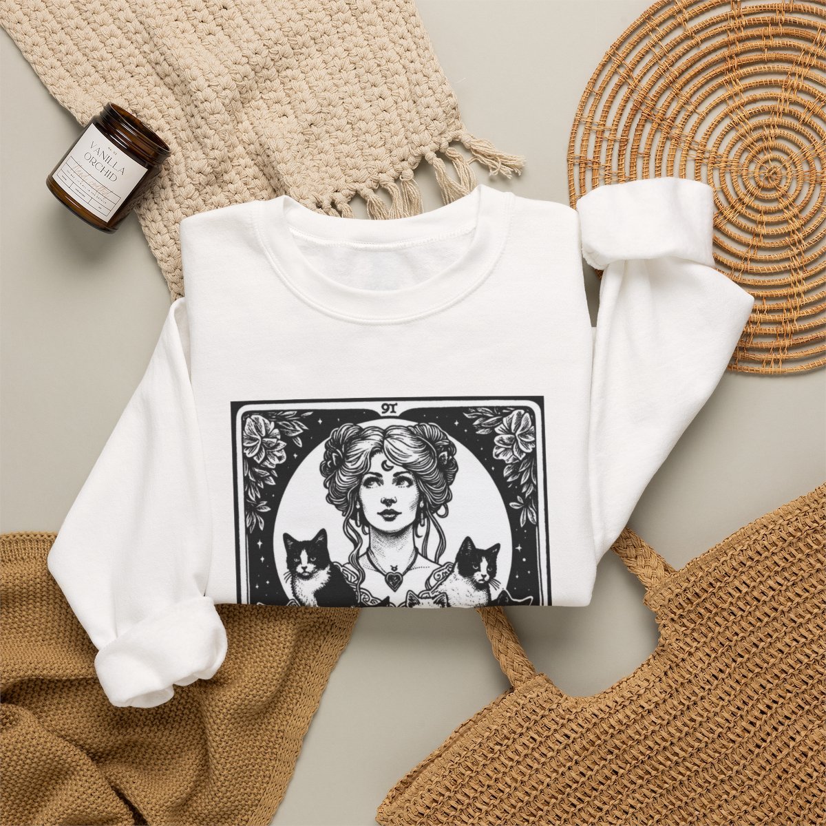 Unisex Mother of Cats Vintage Tarot Style Graphic Sweatshirt for Cat Lovers Detail