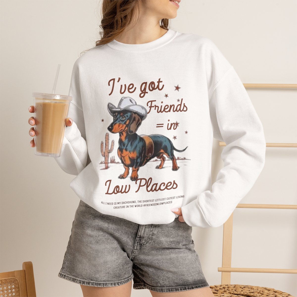 bwwdx5.jpg Unisex Dachshund Cowboy Sweatshirt | Friends in Low Places Dog Pullover White