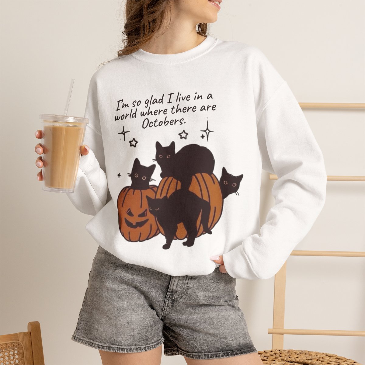 Unisex I'm So Glad There Are Octobers Black Cat Sweatshirt | Cozy Fall & Halloween Outfit White