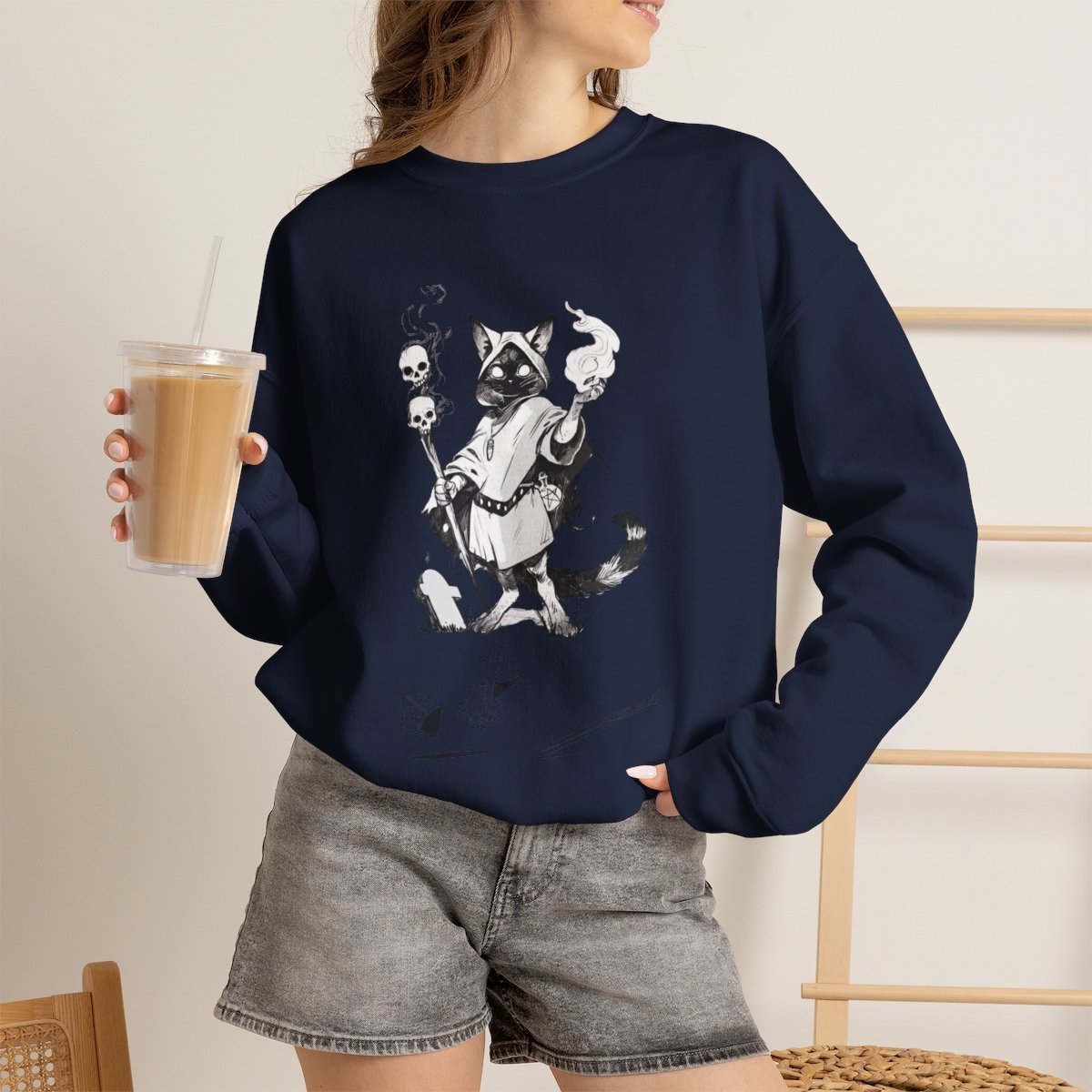 Unisex Cat Necromancer Graphic Sweatshirt | D&D Wizard Cat Gamer Gift Navy