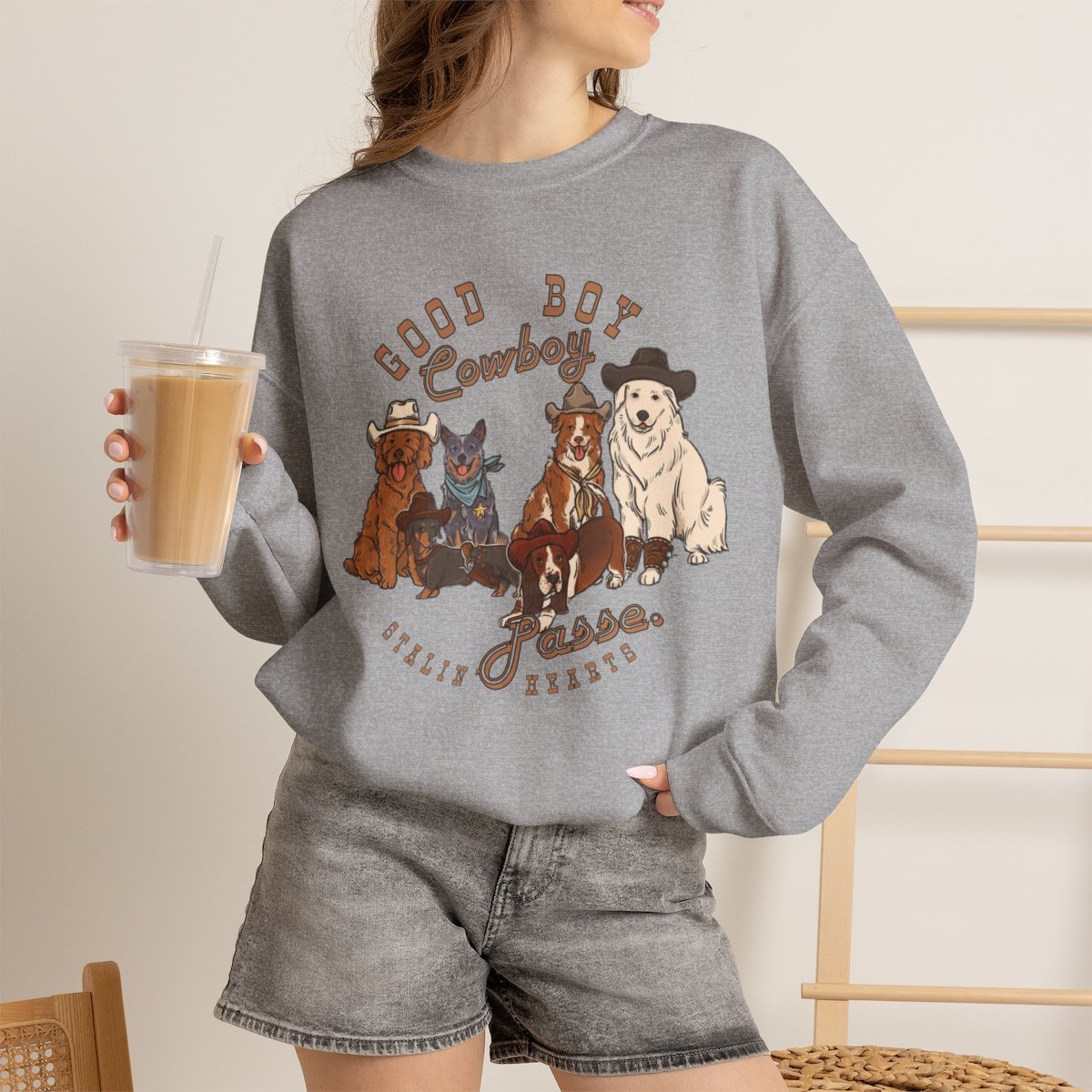 chjfir.jpg Unisex Cowboy Dog Posse Crewneck Sweatshirt | Cute Western Pet Lover Gift Sport Grey