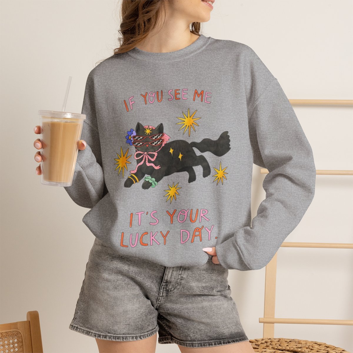 ck3zzk.jpg Unisex Lucky Black Cat Graphic Sweatshirt | Whimsical Cat Lover Cozy Crewneck Gift Sport Grey