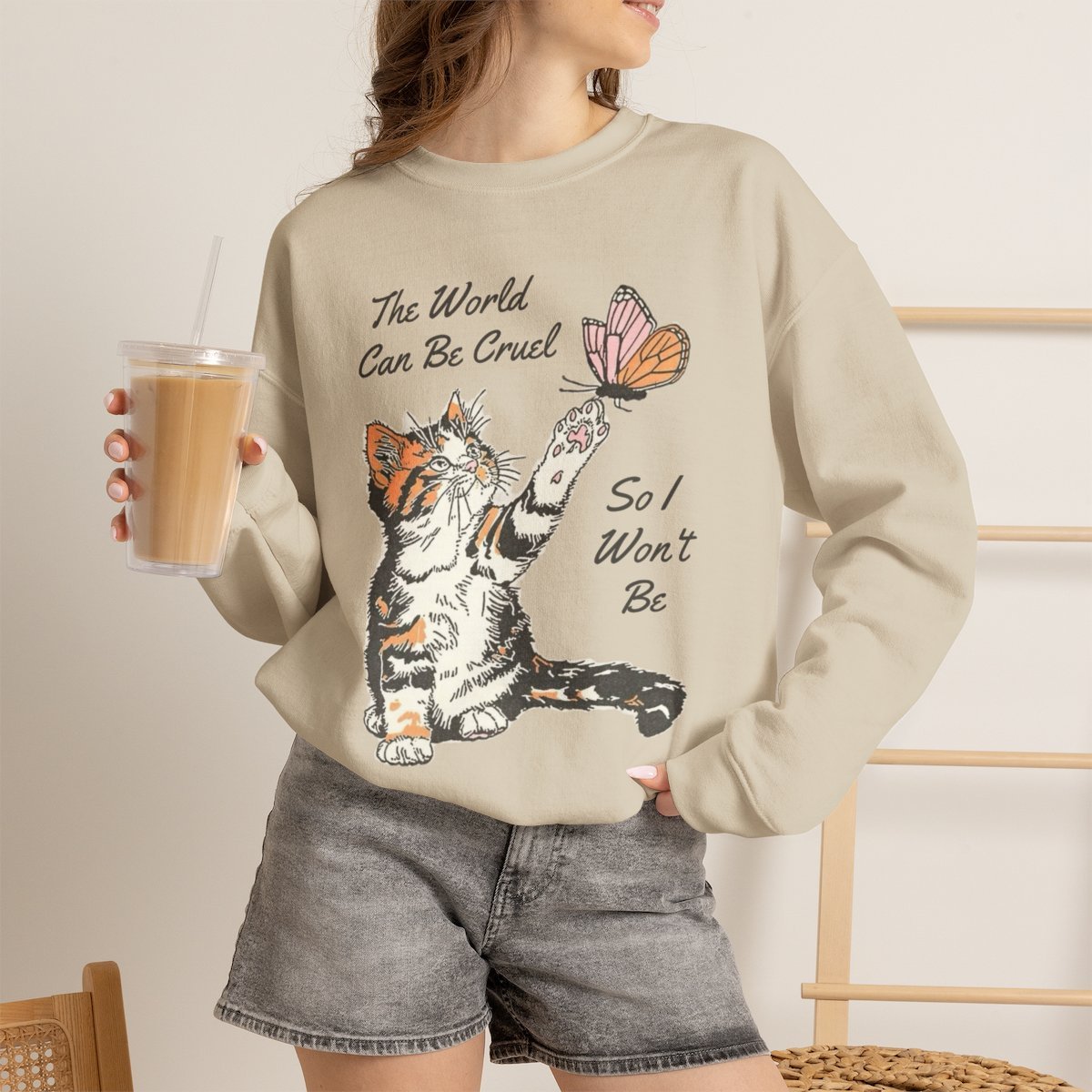 Cute Kitten and Butterfly Wholesome Kindness Quote Unisex Crewneck Sweatshirt Sand