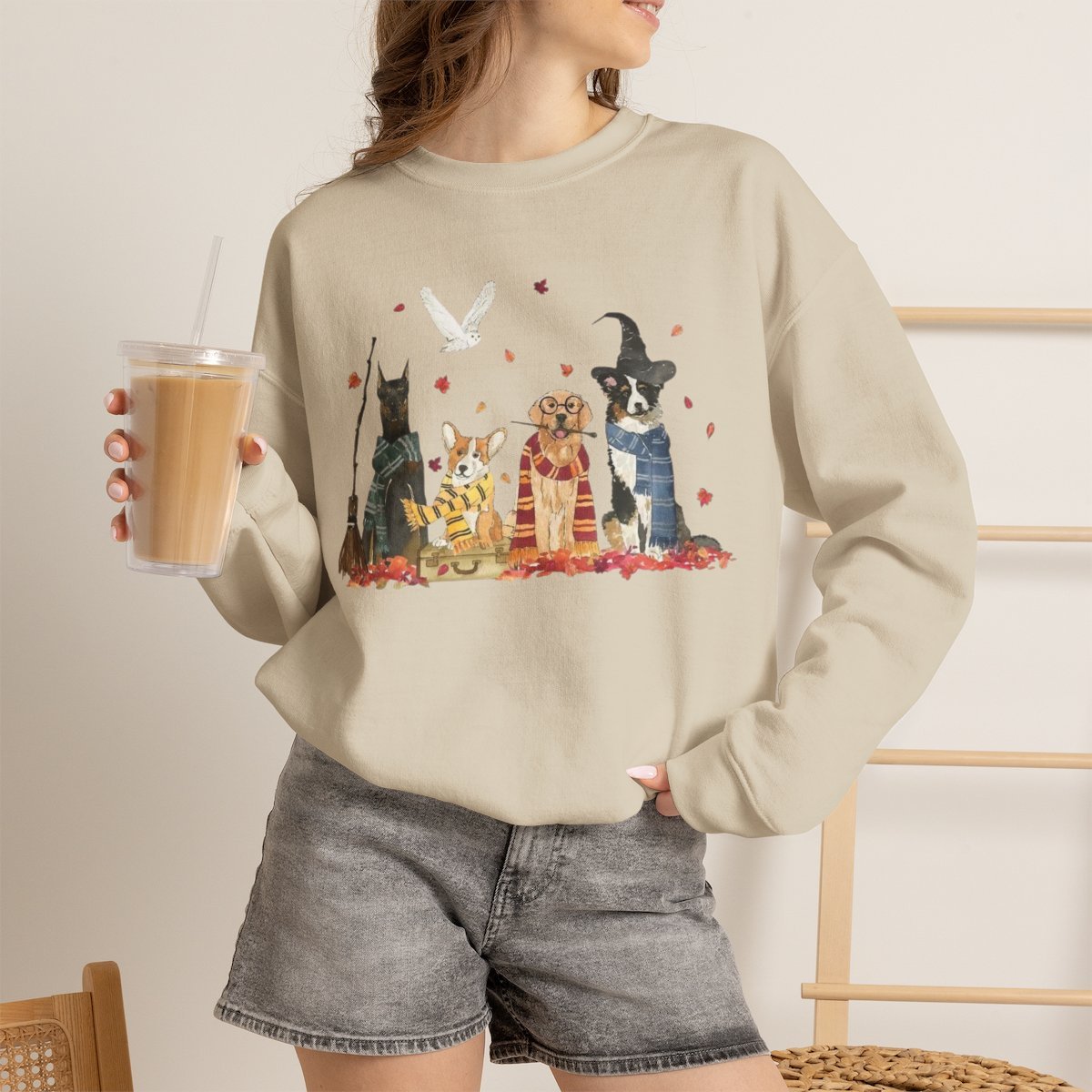 Unisex Wizard Dog Sweatshirt - Cozy Magic School Pup Crewneck for Dog Lovers Sand