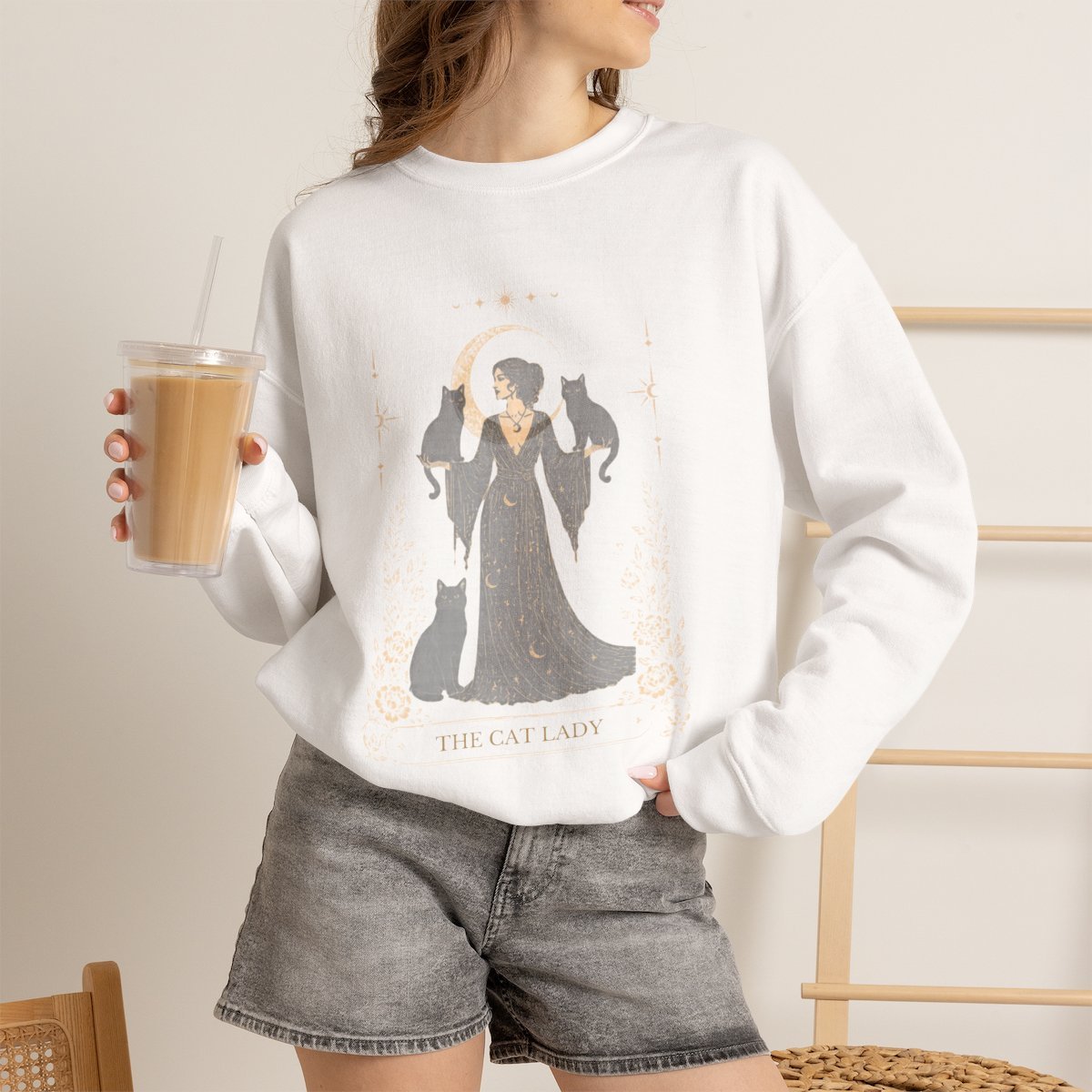 cx4gfb.jpg Celestial Cat Lady Tarot Card Unisex Sweatshirt | Cozy Black Cat Mom Gift White