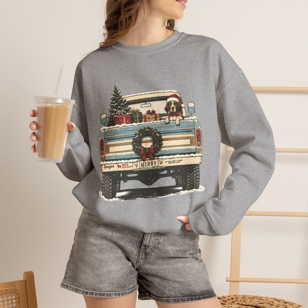 Vintage Christmas Dog Truck Unisex Hoodie | Festive Holiday Pet Lover Gift Sport Grey