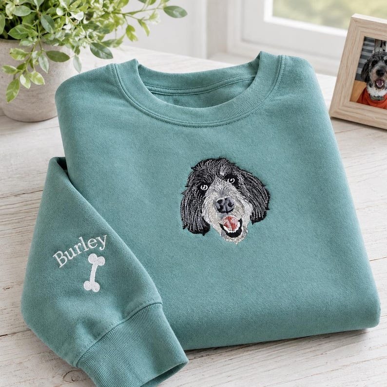 Unisex Comfort Colors Custom Embroidered Pet Sweatshirt - Dog or Cat Portrait From Photo Sweater - Dog Mama Sweatshirt - Mom Birthday Gift Dark Heather