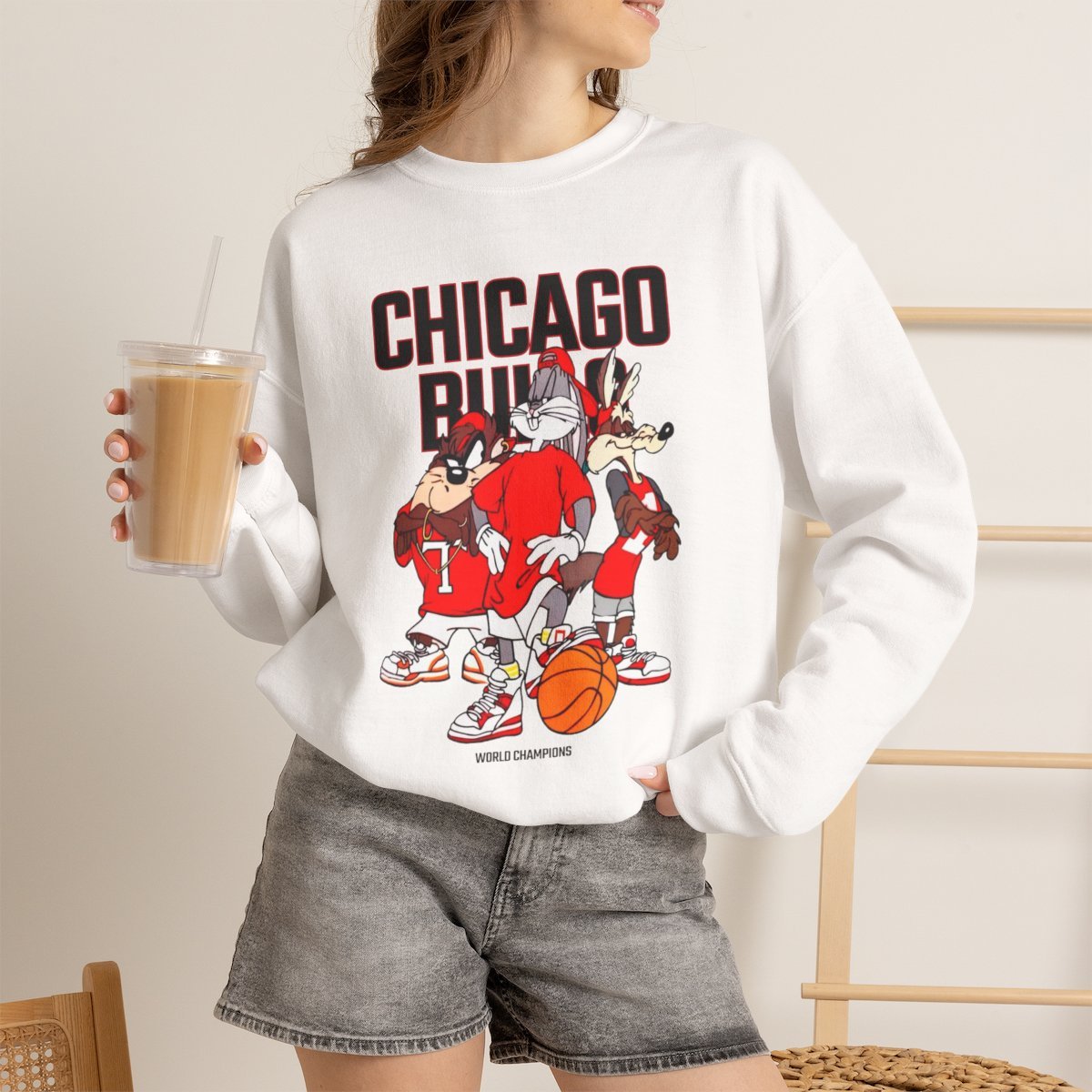 d7t3hq.jpg Retro Chicago Basketball Cartoon Unisex Sweatshirt | Vintage 90s Streetwear Pullover White