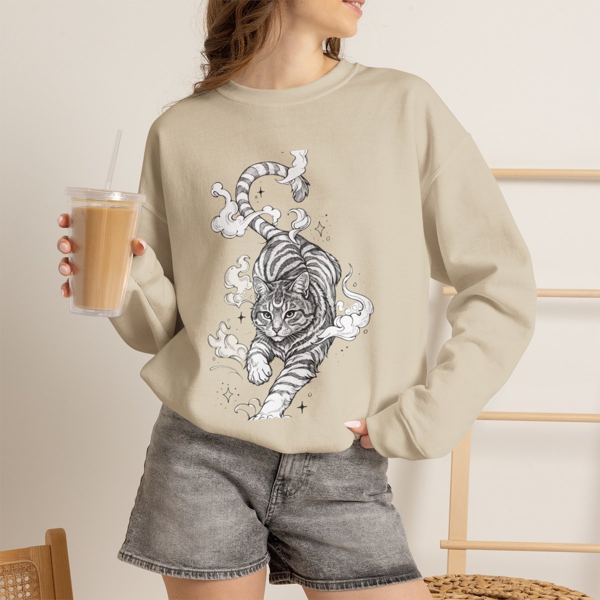 Celestial Mystic Cat Unisex Sweatshirt | Witchy Feline Line Art Sand