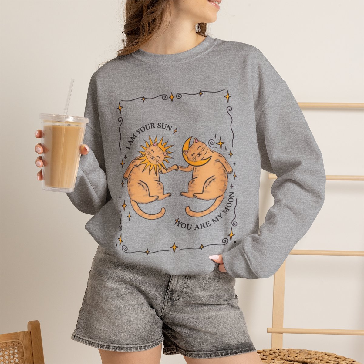 Cute Cat Sun and Moon Unisex Cozy Sweatshirt for Cat Lovers Sport Grey