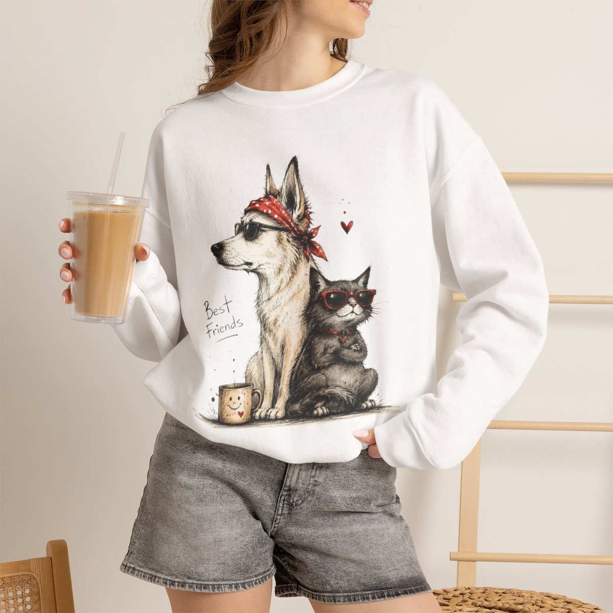 dgjhrl.jpg Unisex Cool Dog and Cat Best Friends Graphic Sweatshirt - Cute Pet Lover Gift White