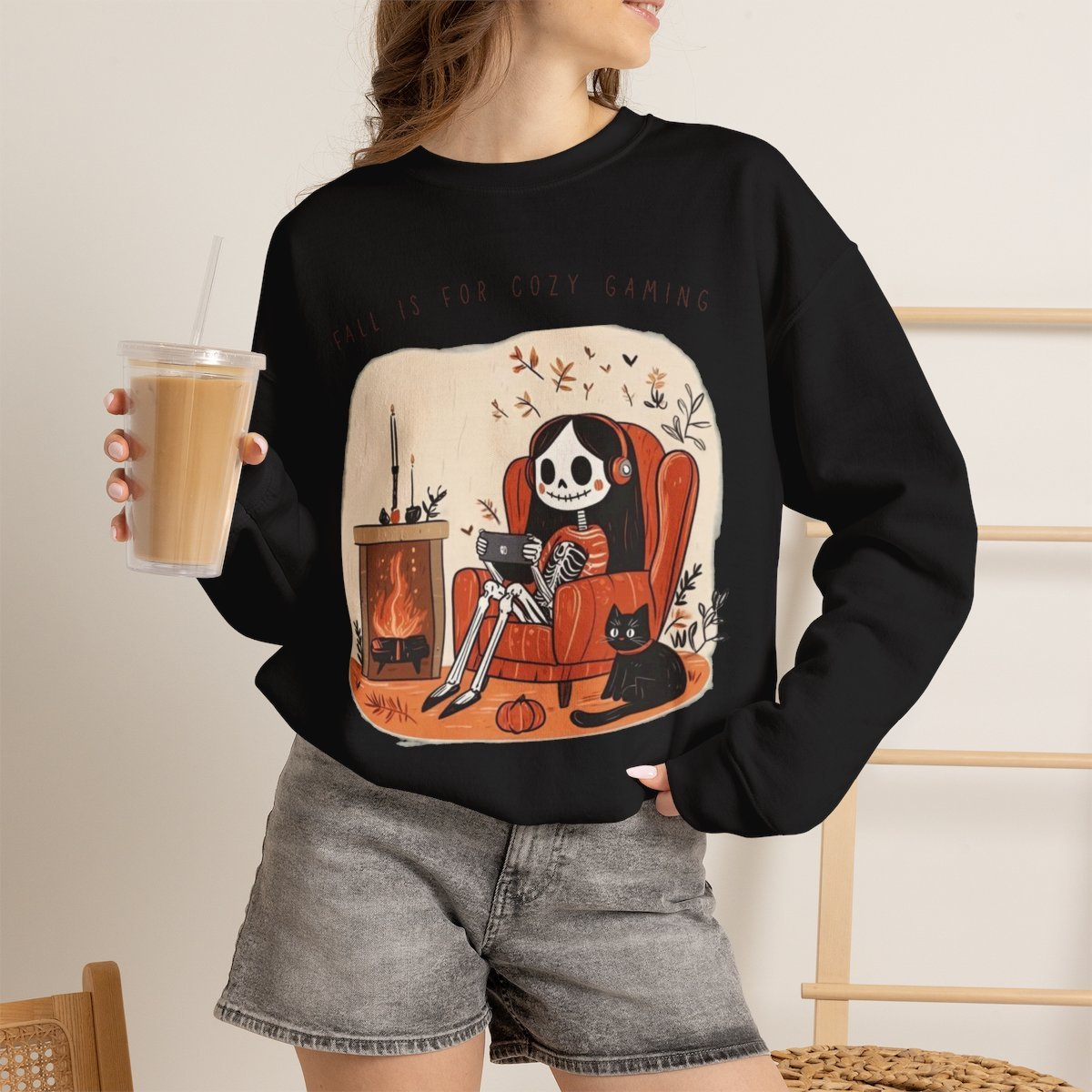 Unisex Cozy Gaming Skeleton Sweatshirt with Cute Cat | Fall Apparel & Gifts Black