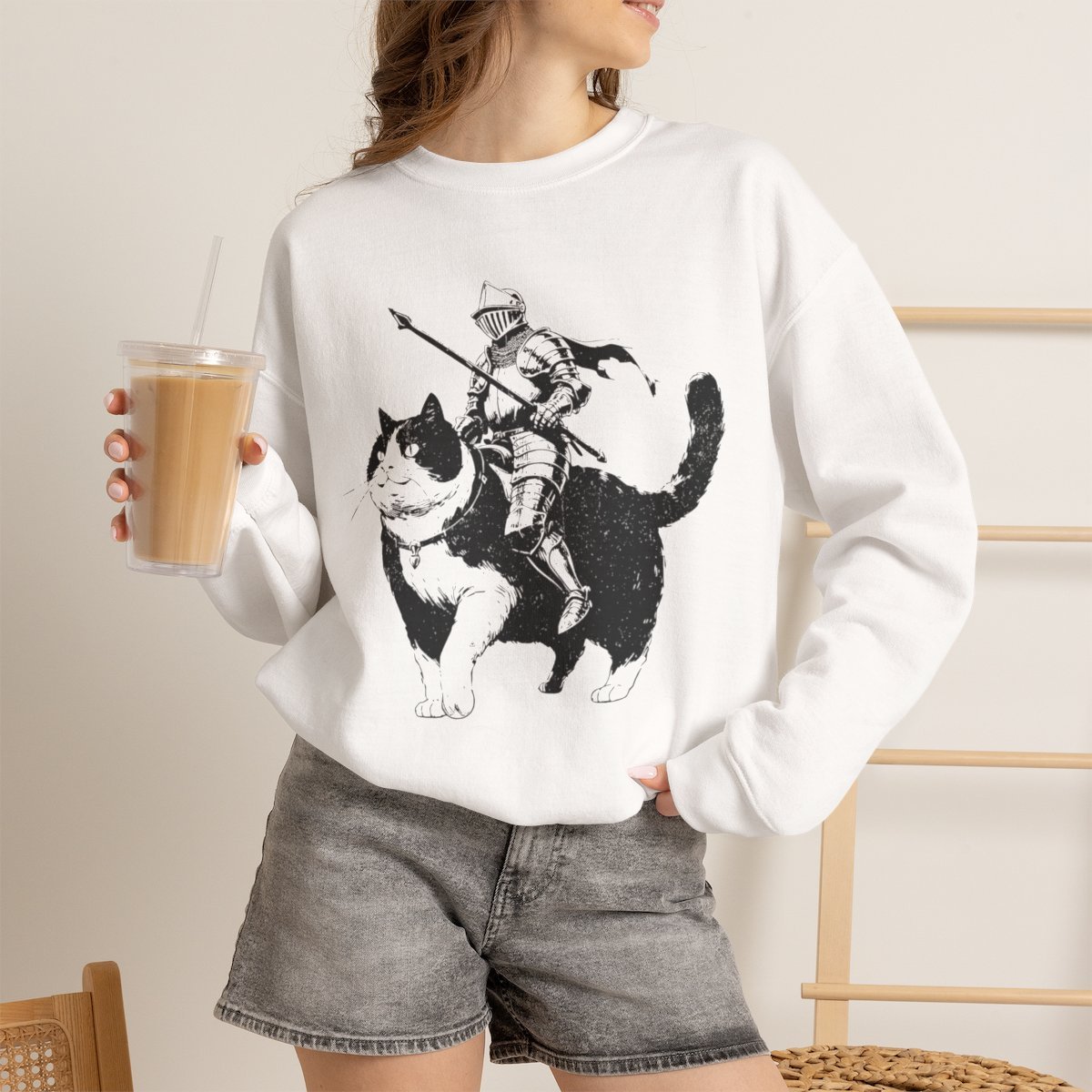 durdyx.jpg Unisex Medieval Knight Riding Tuxedo Cat Sweatshirt | Unique Cat Lover Gift White