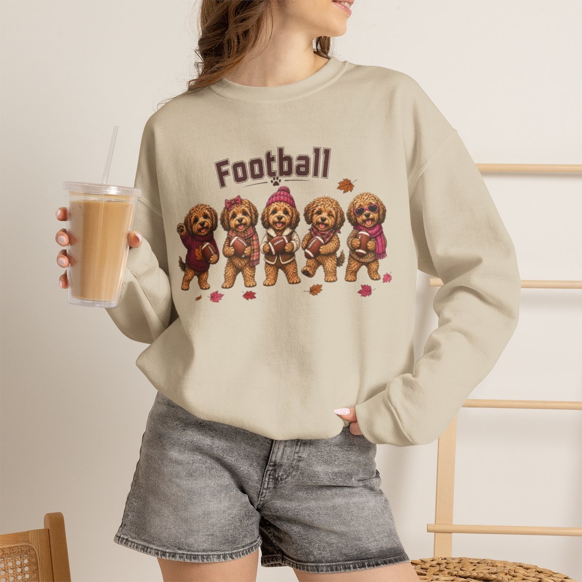 Unisex Cute Dog Football Sweatshirt for Autumn & Fall Pet Lovers Sand