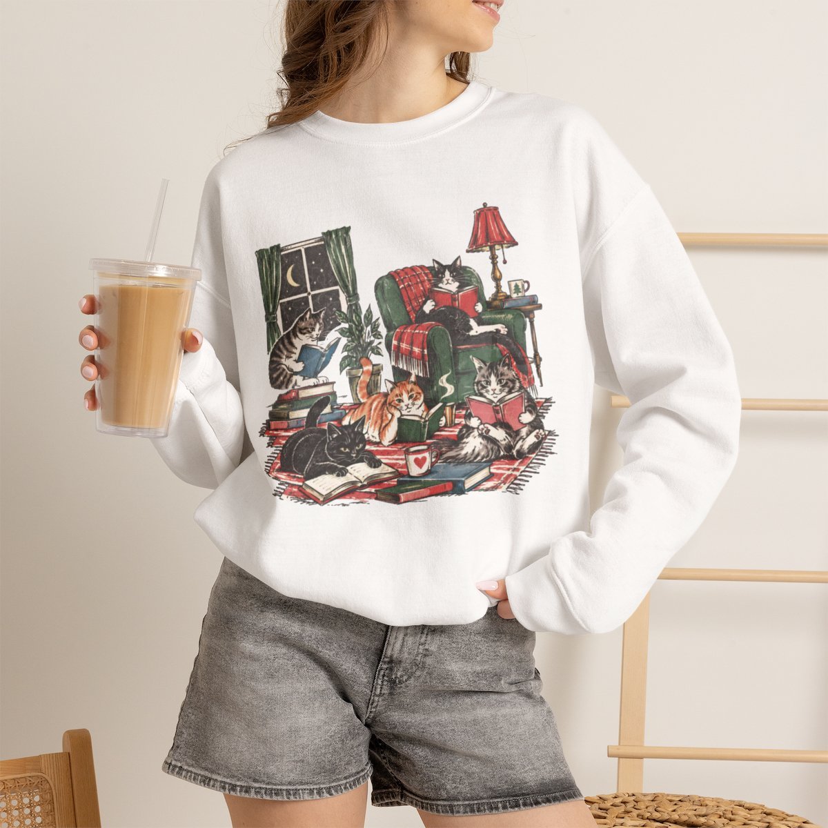 dvju8n-1.jpg Unisex Cozy Reading Cats Crewneck Sweatshirt for Bookworms and Cat Lovers White