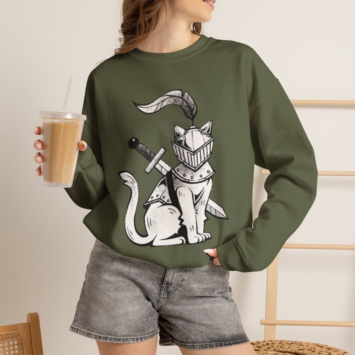 Unisex Medieval Knight Cat Sweatshirt - Cute Pet Lover Gift & Aesthetic Crewneck Military Green