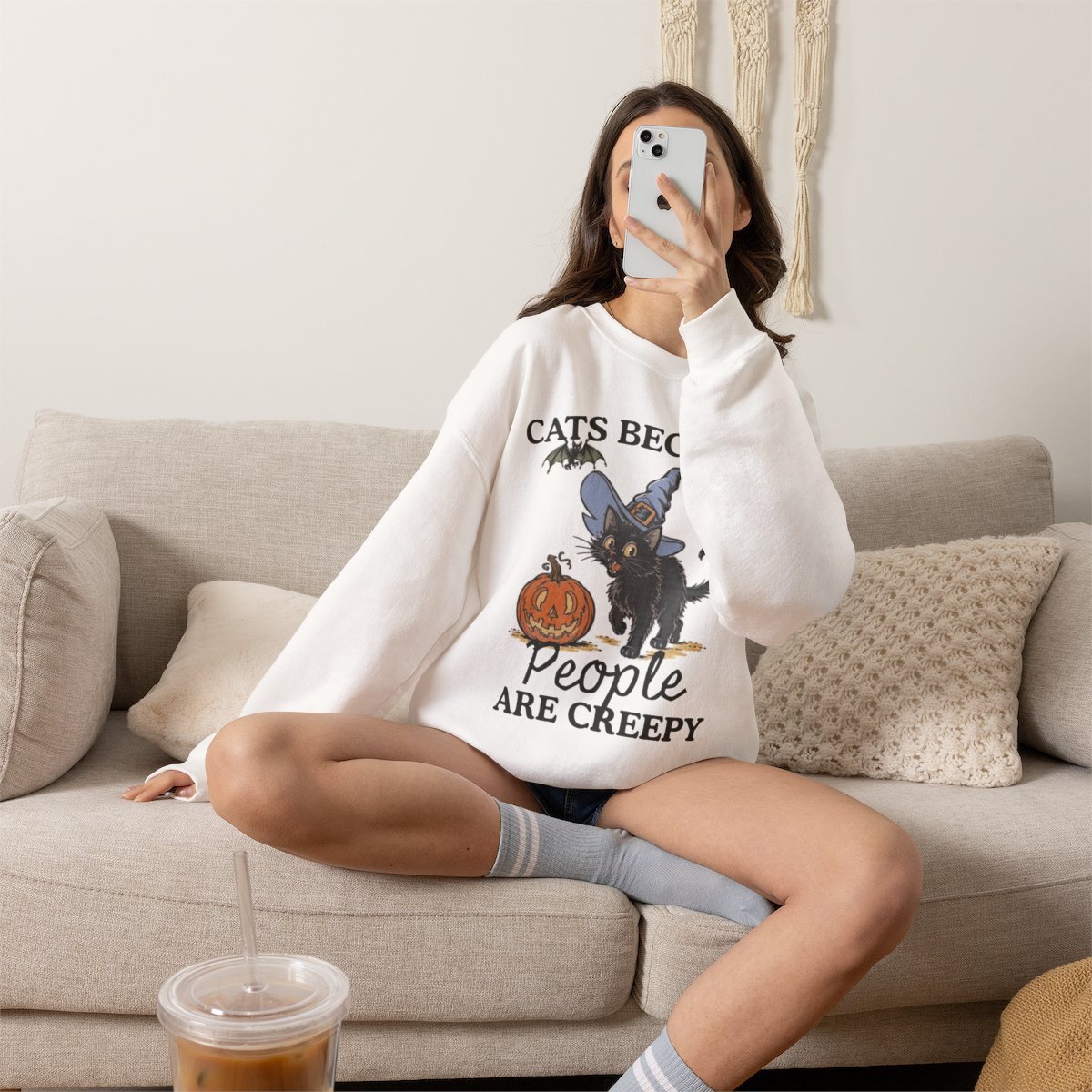 Unisex Cute Black Cat Witch Halloween Sweatshirt For Cat Lovers Detail