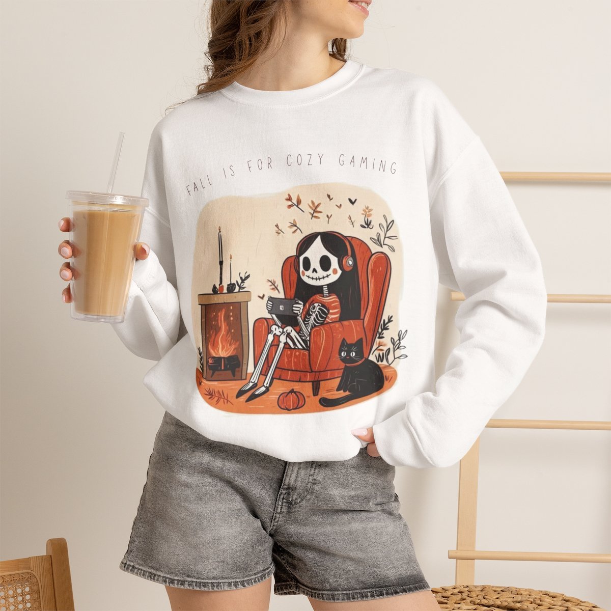 Unisex Cozy Gaming Skeleton Sweatshirt with Cute Cat | Fall Apparel & Gifts White