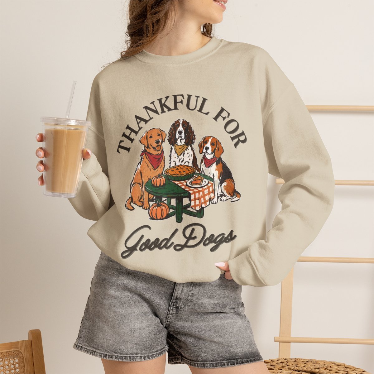Thankful For Good Dogs Unisex Thanksgiving Sweatshirt - Cozy Fall Dog Lover Gift Sand