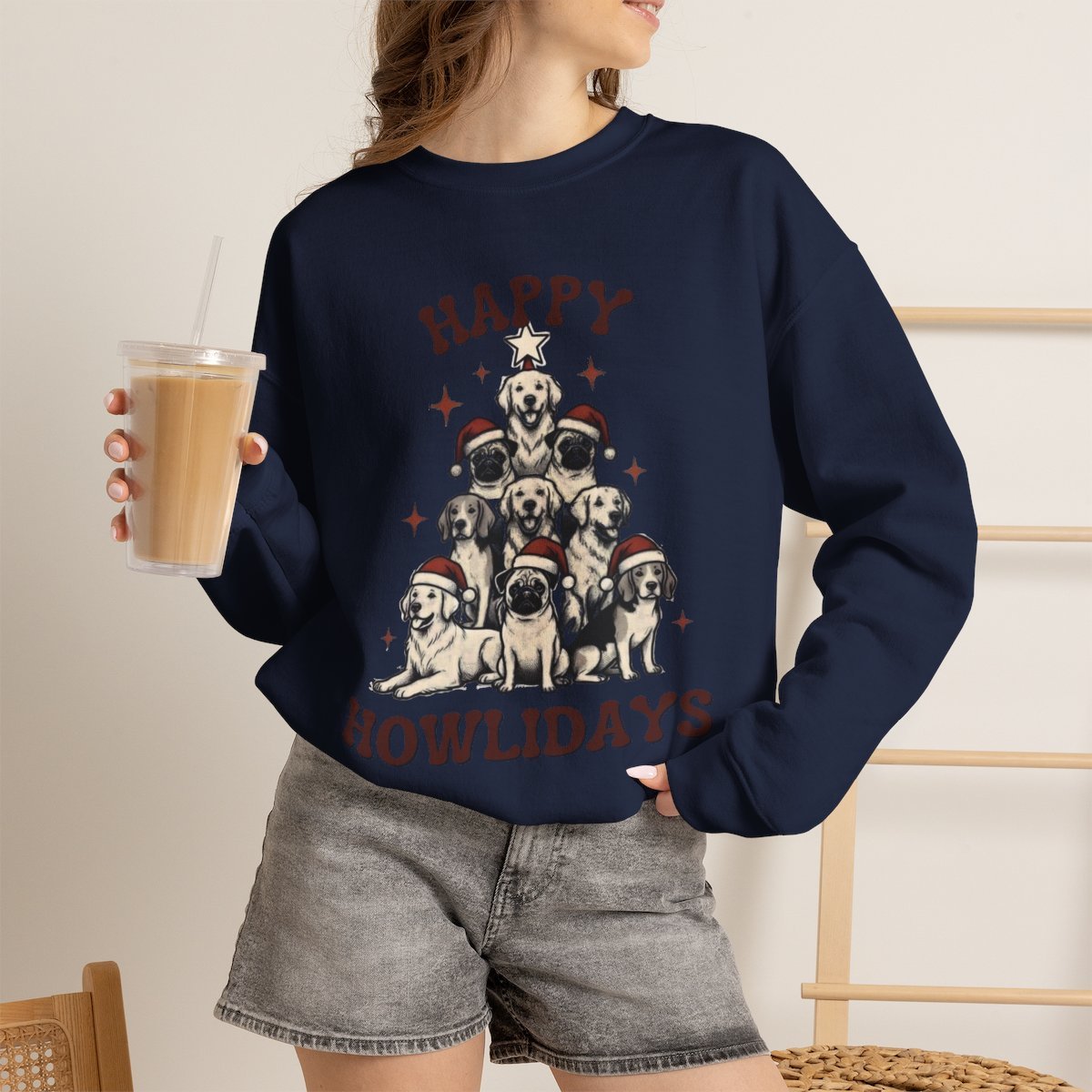 Cute Dog Lover Christmas Tree Unisex Sweatshirt | Happy Howlidays Holiday Gift Navy