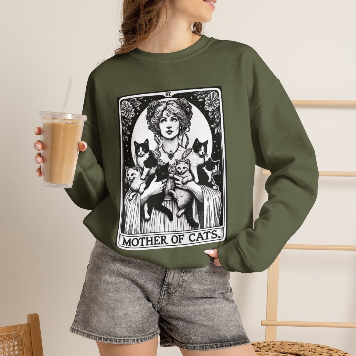 Unisex Mother of Cats Vintage Tarot Style Graphic Sweatshirt for Cat Lovers Military Green