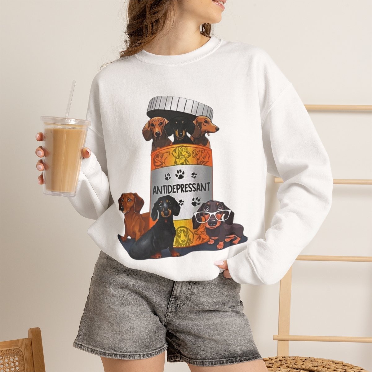 erf44p.jpg Funny Dachshund Antidepressant Unisex Sweatshirt | Cute Wiener Dog Gift White