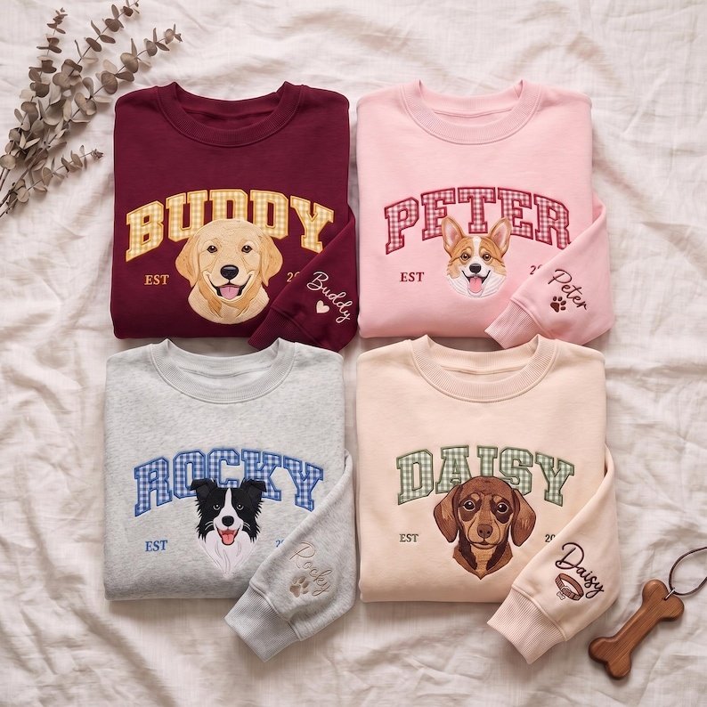 Unisex Custom Pet Portrait Embroidered Sweatshirt, Personalized Pet Photo Crewneck, Gift for Pet Lovers, Pet Memorial Gift Sport Grey